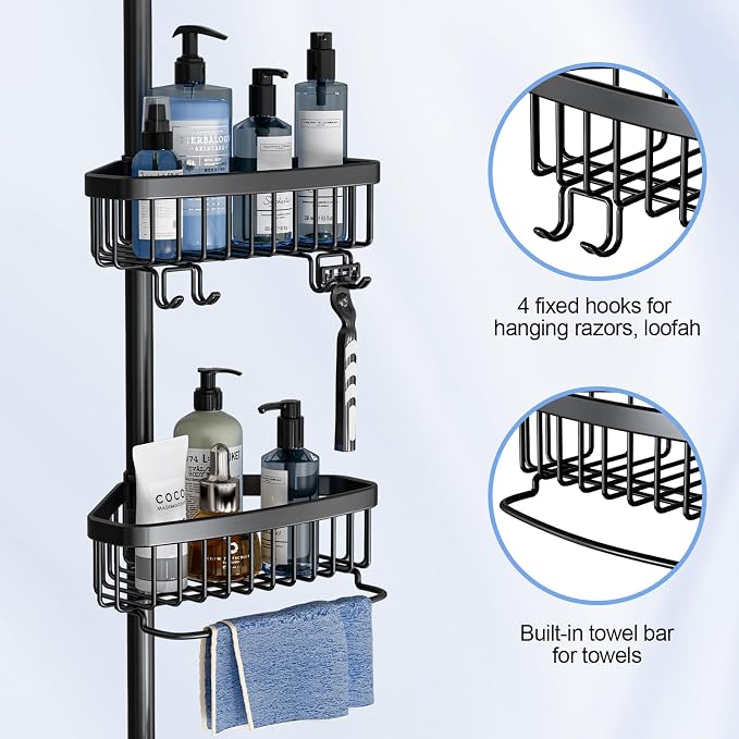 Corner Shower Caddy Tension Pole: Adjustable Rustproof 4-Tier Inside Bathroom Organizer - 47-121 inch Quick Installation Bathtub Shelves for Shampoo Storage - Rod Floor Standing Bath Rack - Black