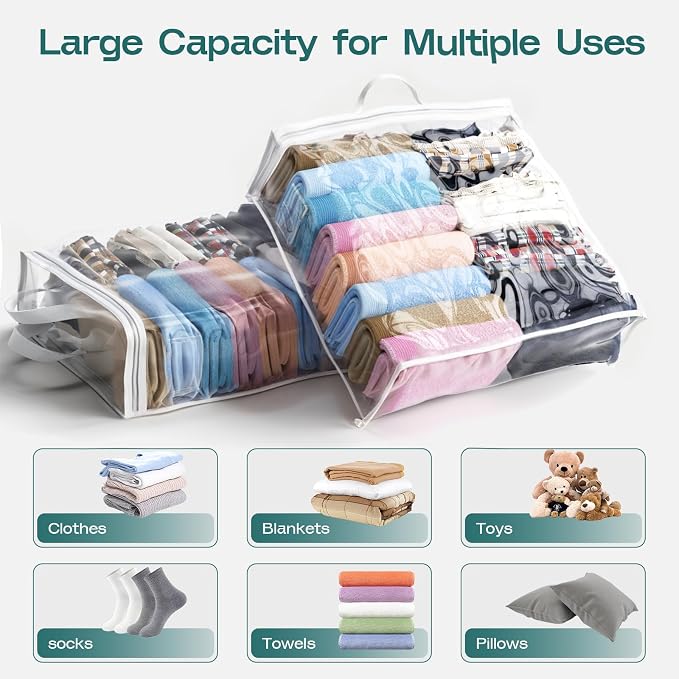 5PACK Plastic Clothes Storage Bag with Zipper, 22L Clear Storage Bags, and Blanket Storage Bags for Bedding, Blankets, Comforters, Clothing, Books, DVD & CD (White)