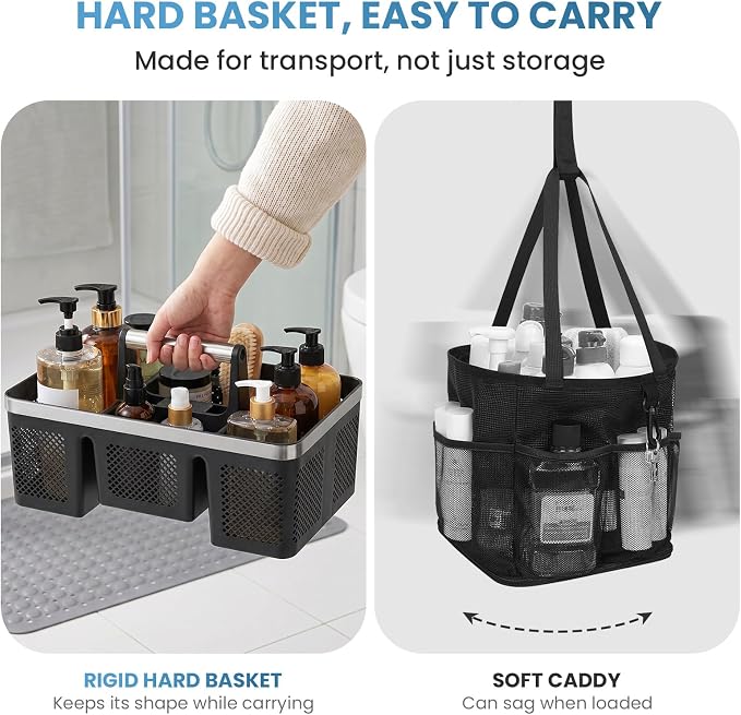 BYUNER 2Pack Plastic Shower Caddy: Portable Hard Bathroom Basket Tote with Handle, 4 Divided Compartments, All-Side Drainage, Non-Mesh Shower & Cleaning Caddy Organizer for College Dorm, Black/Silver