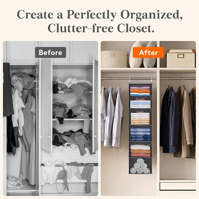 Lifewit 6 Tier Hanging Portable Closet Storage Organizer for Shelves, Beige | Foldable Clothes Shelf with 2 Sturdy Hooks, Sweater/Coat/Shoes Clothing Organization for Wardrobe, Dorm, Bedroom