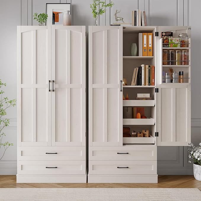 71" Tall Farmhouse Kitchen Pantry Cabinet with 3 Pull Out Shelves & 2 Large Drawers, Pantry Storage Cabinet with 6 Door Shelf & Adjustable Shelf, Freestanding Cupboard for Kitchen, Dining Room