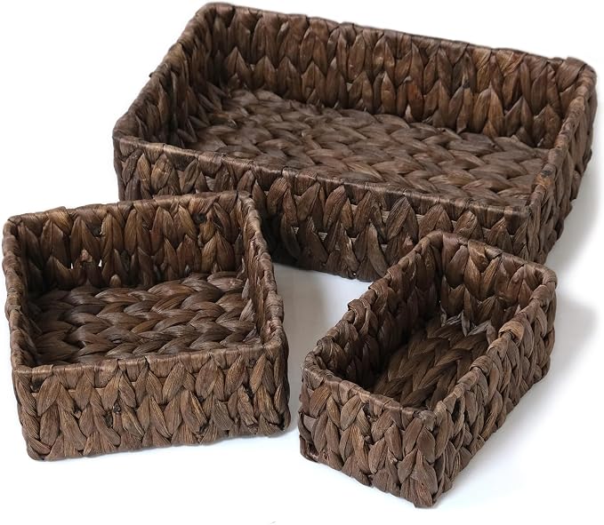 Wicker Storage Baskets Set of 3, Large and Small Pantry Baskets Set, Brown | Handwoven Water Hyacinth Baskets for Organizing, Decorative Natural Woven Baskets 3Pack for Toilet Shelves, Boho Decor