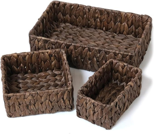 Wicker Storage Baskets Set of 3, Large and Small Pantry Baskets Set, Brown | Handwoven Water Hyacinth Baskets for Organizing, Decorative Natural Woven Baskets 3Pack for Toilet Shelves, Boho Decor