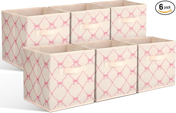 6 Pcs Beige Bow Cube Storage Bins 13 Inch Storage Basket with Handle, Girls Organizer Basket, Collapsible Fabric Box for Classroom Bedrooms Office Home Decoration Gift