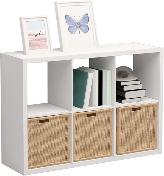 CTESNE【Wooden Thick Frame】 6 Cube Storage Organizer Shelf with Anti-Tipping Kits + Reversible Open Back Bookcase, Horizontal and Vertical Dual-use Standing Bookshelf（White,13inch）