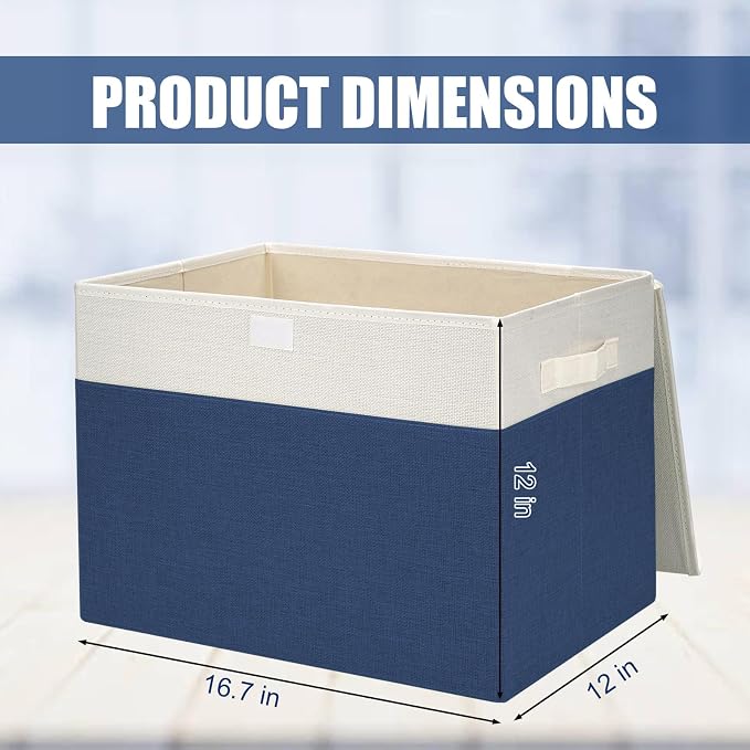 Bagnizer Large 42 Quarts Fabric Storage Bins with Lids [2-Pack] Linen Collapsible Foldable Baskets, Closet Organizer Containers boxes with Handles for Home Office (16.7 x 12 x 12, Navy Blue & White)