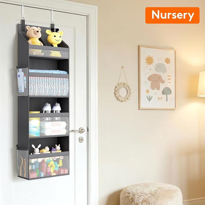 Lifewit 4 Tier Over the Door Diaper Organizer for Nursery, Large Heavy Duty Hanging Storage with 4 Mesh Side Pockets, Sturdy Back of Door Shelf for Baby Stuff Toy in Pantry, Laundry, Bathroom, Gray