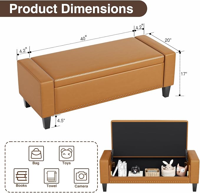 AKMAKM 49''W Storage Ottoman Bench, 30 Gallons End of Bed Bench, Faux Leather, Mid Century Modern, Upholstered Bench with Storage and Seat for Entryway, Living Room, Holds up to 350 lb, Brown
