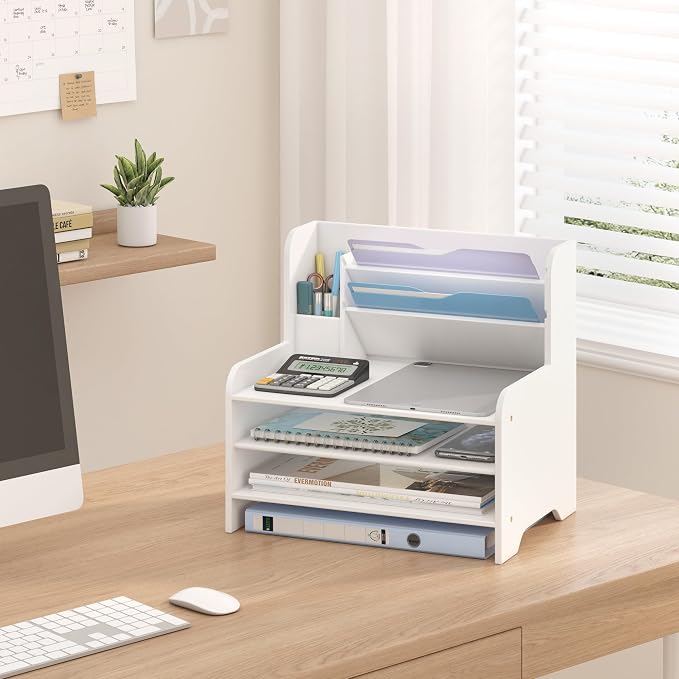 Bamboo File Organizer for Desk, Paper Tray with Pen Holder-White | Open tiers and a pen holder sort Letter/A4 paper, folders and office supplies while keeping your workspace clutter-free