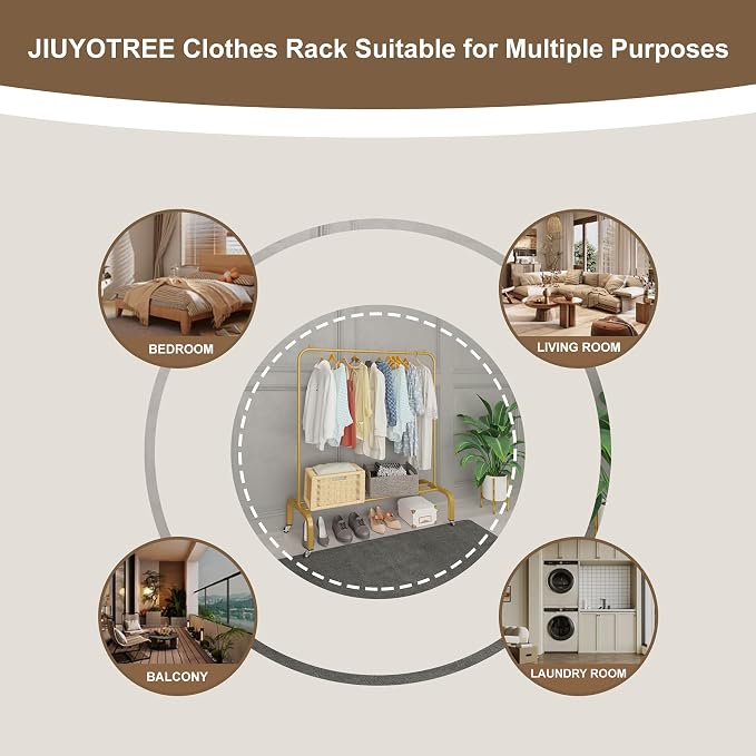 Metal Clothing Rack with Wheels 43.3 Inches Rolling Clothes Garment Coat Rack with Bottom Shelf Clothing Rack for Hanging Clothes Coats Skirts Shirts Sweaters Gold