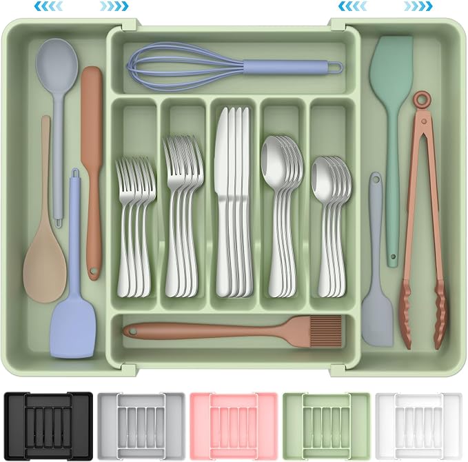 ukeetap Extra Large Expandable Silverware Organizer, BPA-Free Food-Safe Cutlery Flatware Organizer, Kitchen Utensil Drawer Organizer, Adjustable Silverware Holder for Spoons Forks Knives, Green