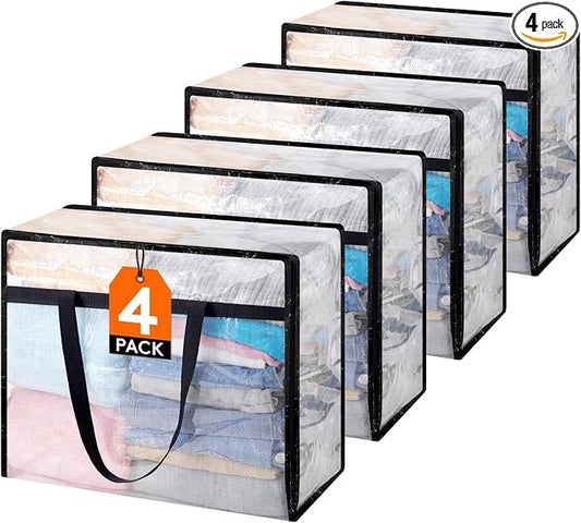Lifewit 4 Pack Clear Blanket Storage Bags, Foldable Plastic Clothes Organizer with Zipper, Closet Organization Containers and Moving Bag for Comforter, Bedding, Duvet, 40L