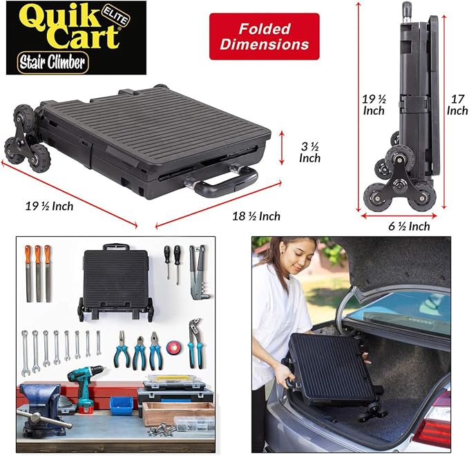 dbest products Quik Cart Elite Stair Climber Wheeled Rolling Crate Teacher Utility With seat Heavy Duty Collapsible Basket With Handle, Black | Collapsible, with Wheels, 120 lbs Capacity, Heavy Duty, Telescoping Handle, Folding Utility Cart with Seat