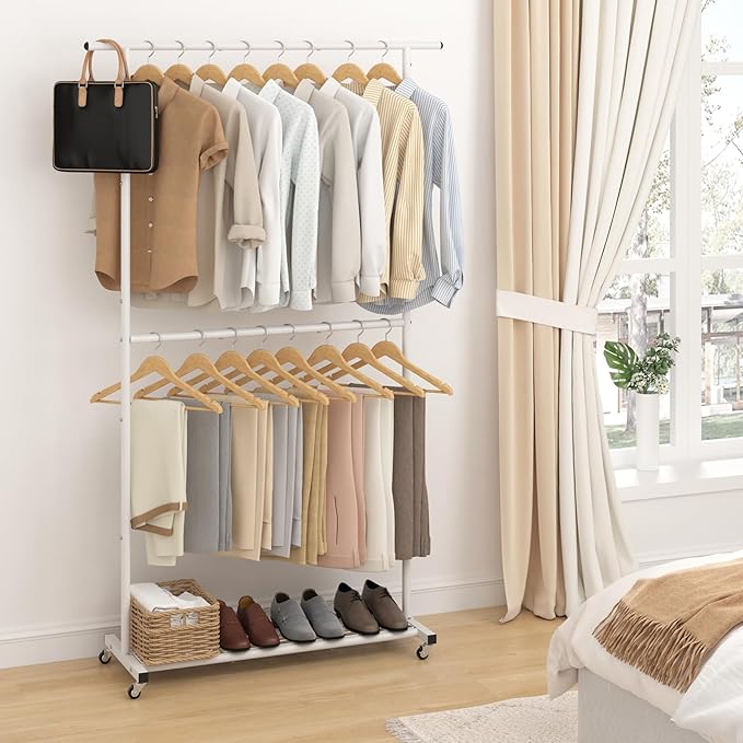 Sywhitta Double Rod Metal Clothing Rack on Wheels with Bottom Mesh,White | Rolling Garment Organizer, for Hanging Clothes,Coats,Easy to Assemble,Space-Saving,Mobile Organizer for Closet