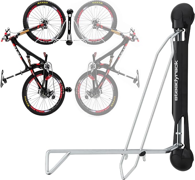 Steadyrack Swivel Bike Wall Mount, Vertical Mountain Bike Rack, Garage | Fits 24 to 29 in wheels and 2.1 to 2.8 in tires. Roll-in, no lift, holds mountain and gravel bikes to 77 lb.