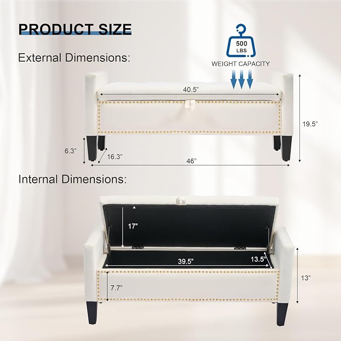 Storage Ottoman Bench, Velvet Upholstered Footstool for Bedroom and Living Room, Tufted Seat with Storage, Wooden Legs & Metal Rivets, Beige