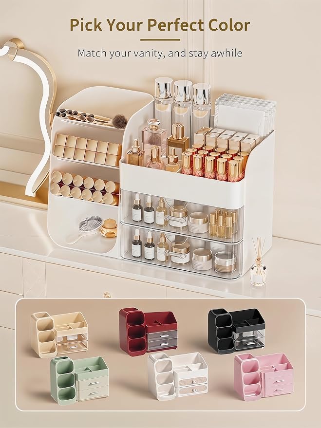 Booklov Small Makeup Organizer for Vanity Countertop, White | Clear Acrylic Cosmetic Display Case, Beauty Brush Holder for Bathroom Counter, Make Up Skincare Lipsticks Storage