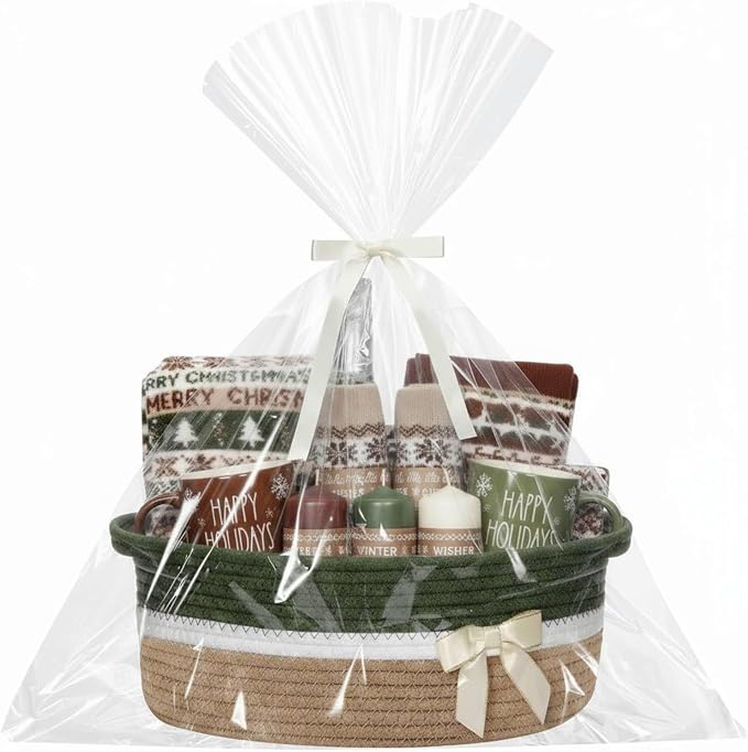 Colingmill 1 Set Woven Empty Basket for Gift,Green Khaki | with Cellophane Wrap Set, 14 x 10 x 5.5 Inch, Medium Decorative Gift Basket, Cotton Rope Storage Box, Home Decor