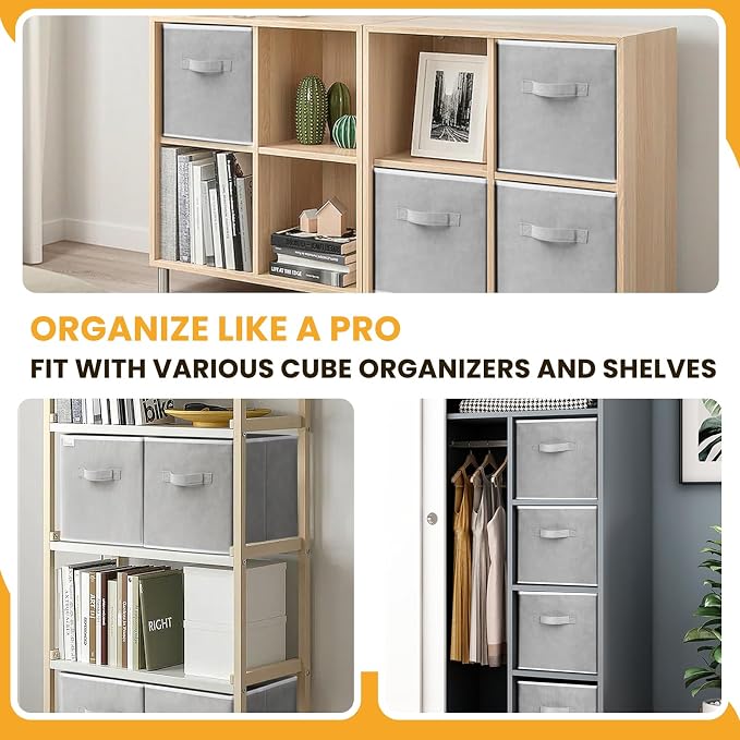 Criusia Large Storage Cubes, 13 Inch Cube Storage Bins for Shelves Closet Nursery Bedroom - 10 Pack Collapsible Storage Baskets with Handles - Fabric Bins for Organizing Magazines Clothes Toys (Grey)
