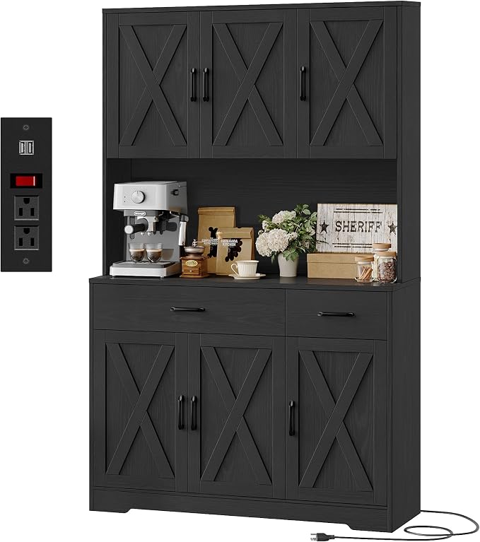 HOSTACK 71" H Kitchen Pantry Storage Cabinet,Farmhouse Hutch Cabinet, Black | Space-Saving Pantry Cabinet with Charging Station & 2 Large Drawers & Adjustable Shelves, Tall Kitchen Hutch for Dining Room