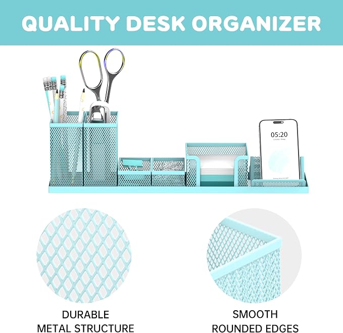 Pen Holder for Desk, 6-Piece Mesh Desk Organizer with Phone Holder, Blue | 6-Piece Black Mesh Desk Set Includes Pen Cups, a Sticky Note Caddy and Phone Holder for Office, School, Home
