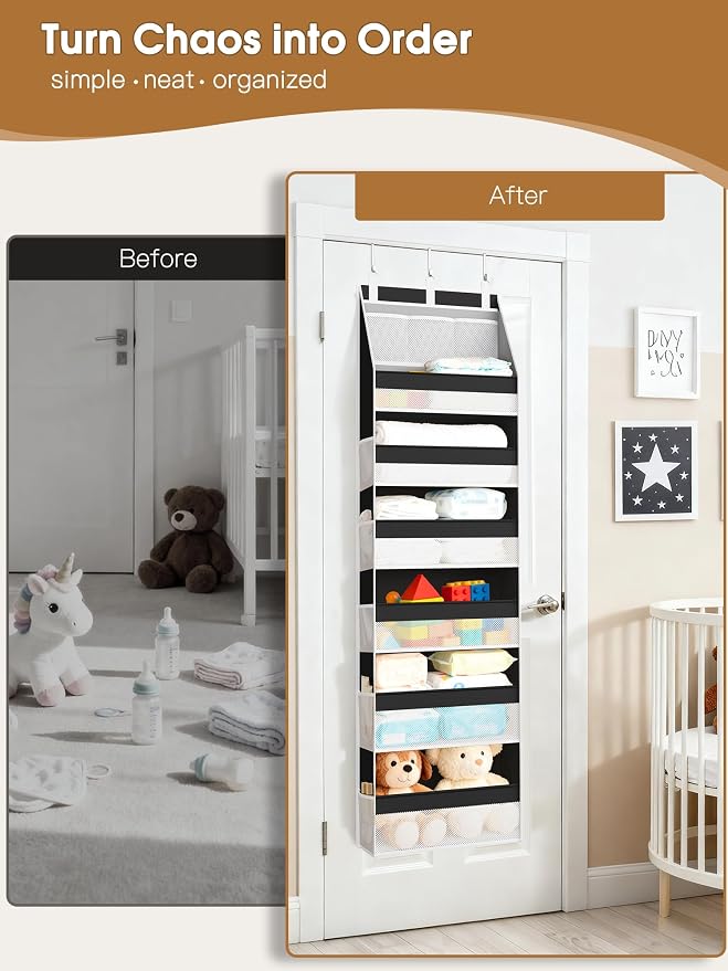 Criusia Over the Door Organizer, Heavy-Duty 6-Shelf Hanging Storage with 13 Mesh Pockets, 55lbs Capacity Behind the Door Storage for Nursery, Bathroom, Bedroom, and Dorm, Black