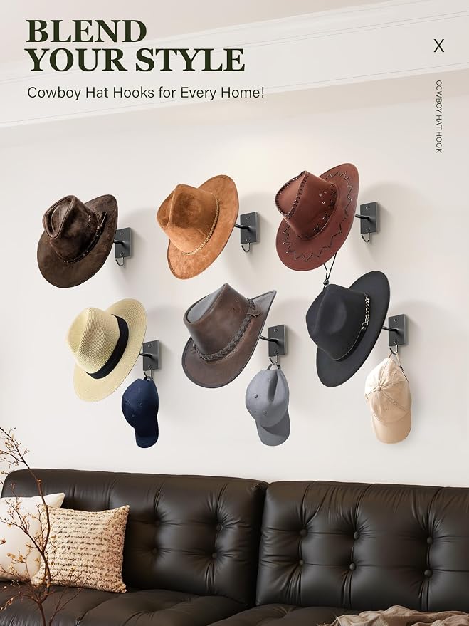Cinati Cowboy Hat Rack for Wall 6 Pack, Cowboy Hat Holder Wall Mount, Western Rustic Metal Hats Hanger Hooks Organizer for Fedora,Sun Hats,Wide Brim, Extra Hooks for Baseball Caps,Western Room Decor