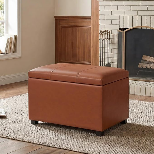24" Leather Storage Ottoman Bench, Rectangle Foot Rest Stool for Living Room, Bedroom, Entryway, Cognac Brown