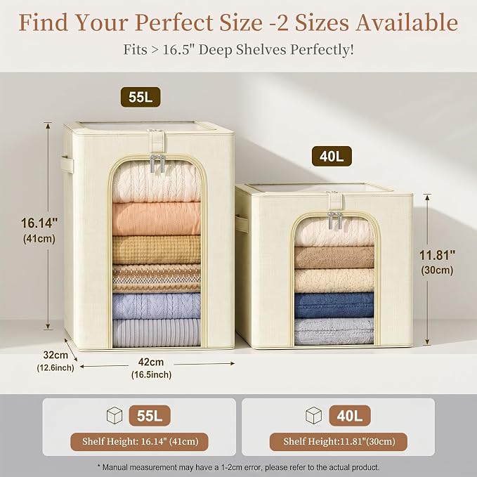 GoMaihe Blanket Storage Bins with Metal Frame for Closet, 55L 4-Pack Beige | Clothing Comforters Bedding Winter Coat, Closet Top Shelf, Collapse-Proof Stackable, Clear Window, Dual Access Space Saving