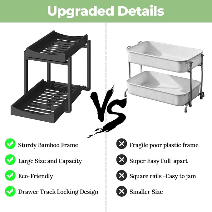 MHXW SXPN Bamboo Under Sink Organizer, 2 Pack Pull Out Cabinet Organizer | 2 Tier Vertical Smooth Slide Out Undersink Storage Shelf | Multi-Purpose Organizer Shelves for Kitchen Bathroom Medicine