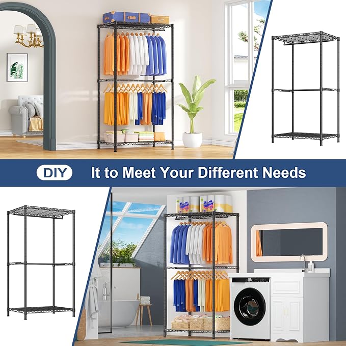E12 Pro Clothes Rack，Heavy Duty Freestanding Garment Rack with Shelves，Metal Clothing Closet Storage System for Hanging Clothes，71" W x 16" D x 76.5" H, Hold 960 lbs，Black