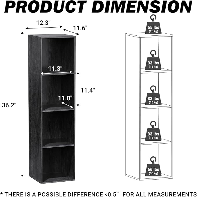 4 Cube Storage Organizer, 4 Tier Cube Low Bookcase Freestanding Storage Display Organizer, Four-Cubes Open Shelf Bookshelf for Home Office (Black, 4-Cube)