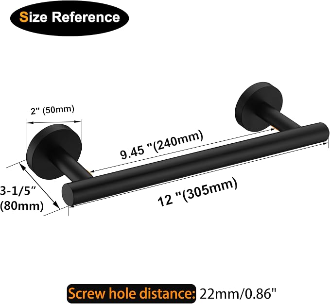 Nolimas Matte Black Bath Hand Towel Bar Single Bars Towel Rack Rod Classic Wall Mounted Stainless Steel Bathroom Towel Bar Toilet Kitchen Towel Shelf Single Layer,12inch