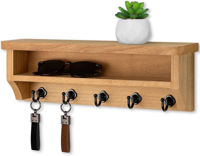 Nekon Key Holder Wall Mount, Wall Organizer Shelf with 5 Key Hooks, Room Decor for Home and Apartment Essentials, Wood