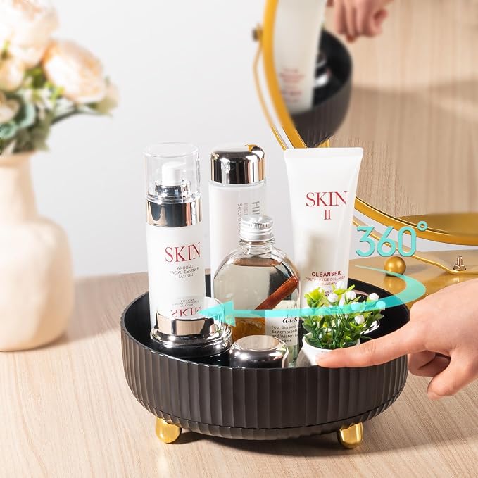 360 Rotating Makeup Perfume Organizer Skincare Tray, Small Black | 360 Degree Spinning Lazy Susan Organizer Lotion Cosmetics Storage for Dresser, Vanity, Bathroom Countertop