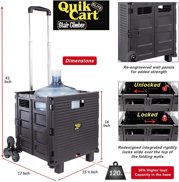 dbest products Quik Cart Elite Stair Climber Wheeled Rolling Crate Teacher Utility With seat Heavy Duty Collapsible Basket With Handle, Black | Collapsible, with Wheels, 120 lbs Capacity, Heavy Duty, Telescoping Handle, Folding Utility Cart with Seat