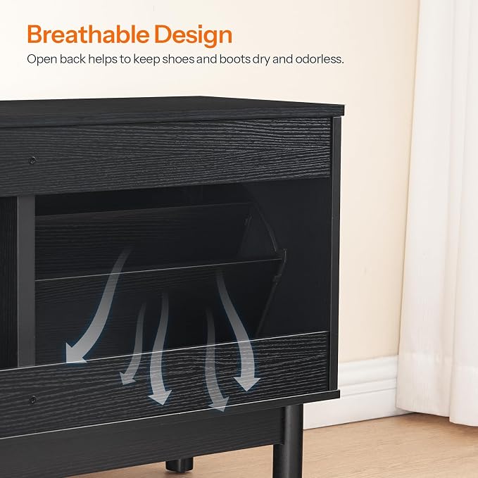 HOOBRO Rattan Shoe Storage Bench with Double Flip Drawers, Narrow Shoe Storage Organizer for Entryway, 11.8" D x 39.4" W x 20.9" H, Hidden Space Saving Wooden Shoe Cabinet for Hallway, Black BN51HX01
