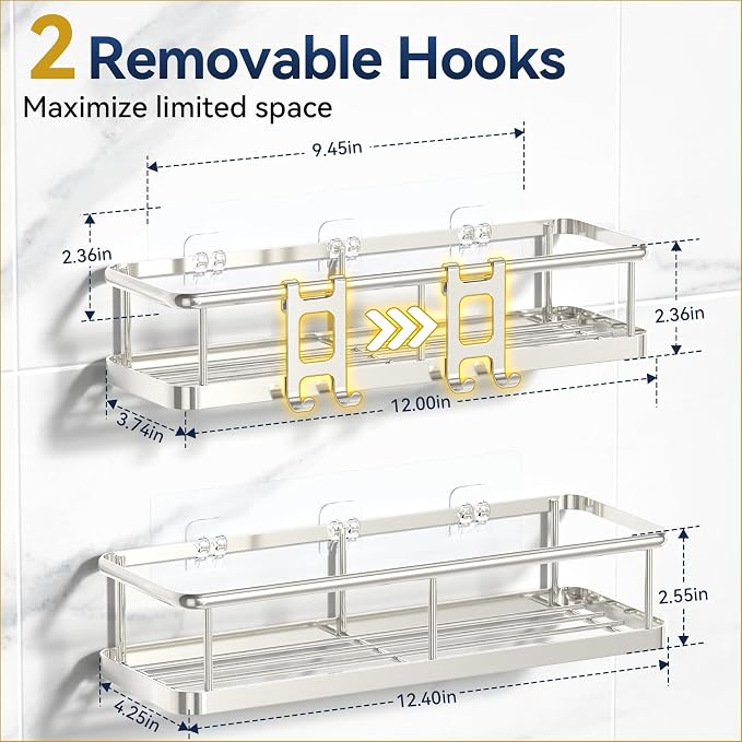 YASONIC Shower Caddy Adhesive, Rustproof Shower Organizer, Large Capacity Shower Shelves for Inside Shower, No Drilling Bathroom Organizers and Storage for Home Decor （2 Pack Silver）