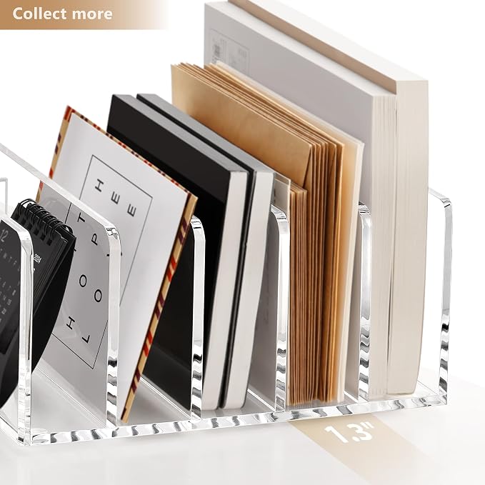 Acrylic Mail Sorter Desk Organizer with Pen Holder, 5 Compartments Clear | Small File Script Letter Document Storage for Desktop Bill Filling Envelope Holder Office, Home, School Organization