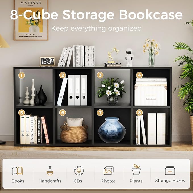 COMHOMA 8 Wood Cube Storage Organizer with Open Back and Removable Back Panels, 11In Black Cube Storage Bookshelf, Cubicle Shelf Bookcase for Home Office Bedroom Living Room, Vertical or Horizontal