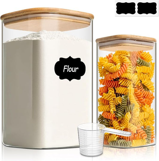 ComSaf Glass Storage Containers with Bamboo Lids 1.6/4.6 Qt 2 Pack | Pantry Organization, Flour Sugar Coffee Beans, Pasta Cereal Dry Food, Large Capacity, Cabinet Organization, Food Storage Jar