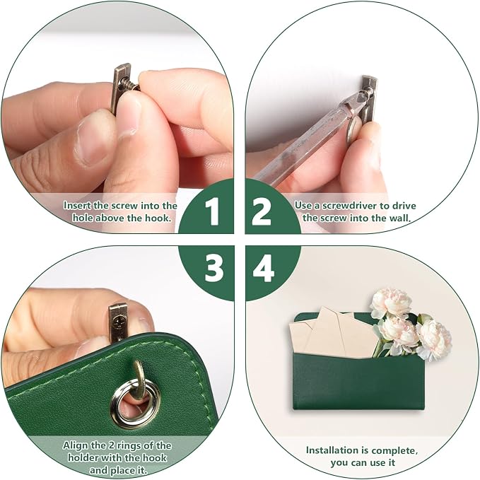 3 PCS Wall Mount PU Leather Mail Holder Green Faux Leather Letter Holder Stylish Wall Hanging Mail Storage 2 Ring Wall Mail Organizer for Flowers Envelope Key Notebooks Home Office Decor
