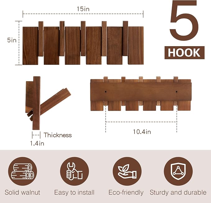 Wood Coat Rack Wall Mount - Large Walnut Piano Coat Rack wtih 5 Hooks for Hanging Clothes,Keys,Robes,Purse,Towels,Modern Decorative Wall hooks Heavy Duty Hanger Organizer for Bathroom/Bedroom/Entryway