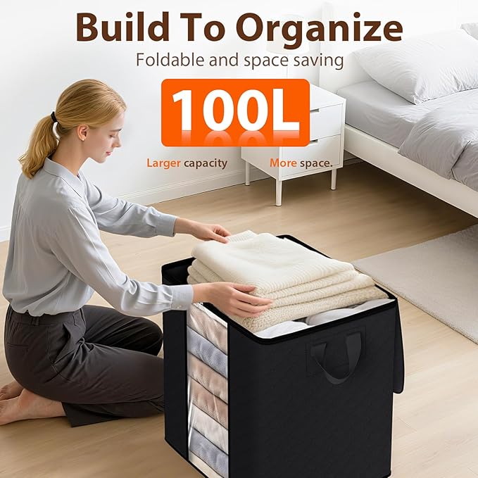 SpaceWhisper 8 Pack 100L Clothes Storage, Foldable Thick Fabric Blanket Storage Bags, Containers for Organizing Bedroom, Closet, Clothing, Comforter,Closet Organization with Handle,Black