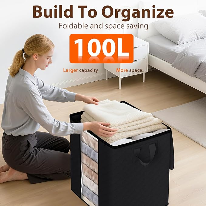SpaceWhisper 3 Pack 100L Clothes Storage, Foldable Thick Fabric Blanket Storage Bags, Containers for Organizing Bedroom, Closet, Clothing, Comforter,Closet Organization with Handle,Black