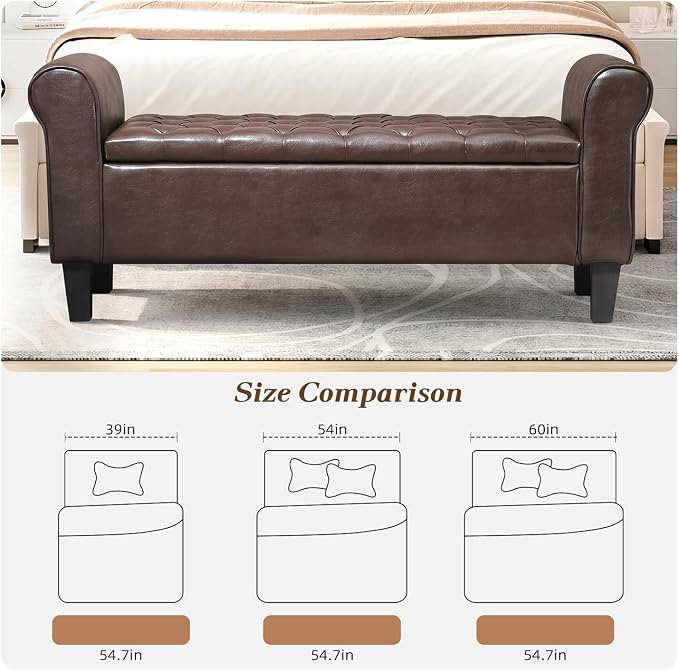 55" Storage Ottoman Bench for Living Room, End of Bed Bench with Rolled Arm Leather Ottoman with Storage Upholstered Entryway Bench Retro Style Footboard Bench for Bedroom, Brown