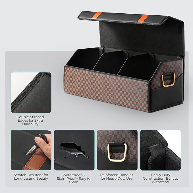Fyzeoty Car Trunk Organizer for SUV and Sedan, Orange‑Stripe Plaid, 29.5 in | Dual‑Material Dual‑Tone Craft, Extra Large, Leather Storage Box, Magnetic Lid, Collapsible & Adj, Water‑Resist & Dust‑Proof