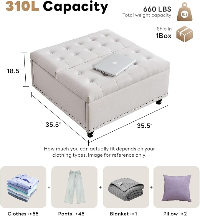 Tbfit Large Square Storage Ottoman Bench, Tufted Upholstered Coffee Table with Lift Top & Solid Wood Legs, Oversized Storage Ottomans Toy Box for Living Room (Beige)