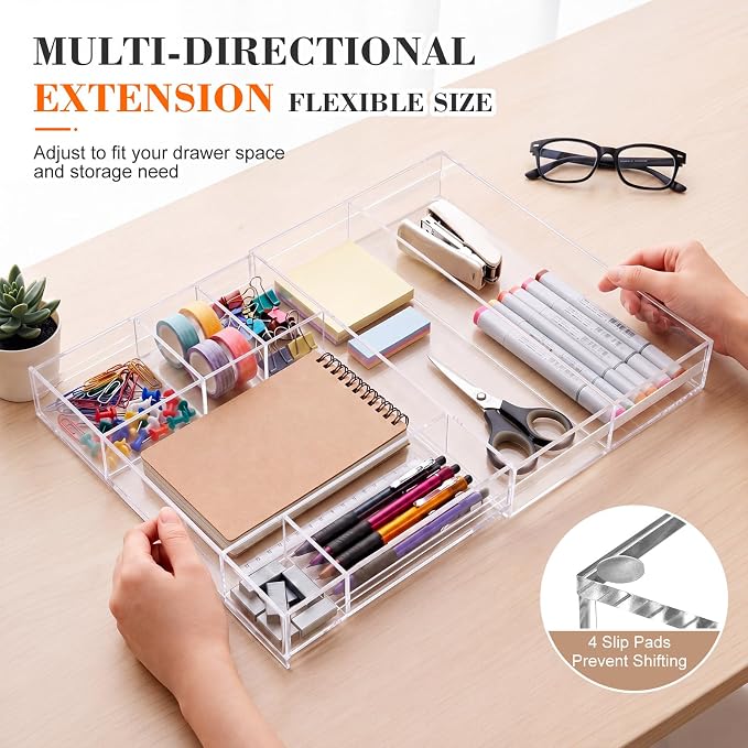 Briwooody Clear Acrylic Drawer Organizer Expandable,11 Compartments,Small | 9'' up to 18'' x 12'' x 2.1'' Desk Drawer Organizer Trays Adjustable with Desk Accessories for Makeup Office Bathroom