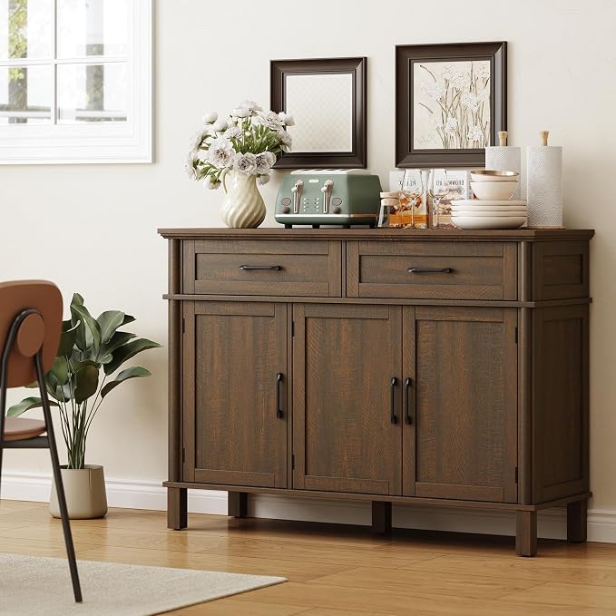 48 Inch Buffet Cabinet with Storage, Farmhouse Sideboard Buffet w/2 Drawers and 3 Doors, Wood Coffee Bar Cabinet with Adjustable Shelves, Sideboard Storage for Kitchen, Living Room, Brown
